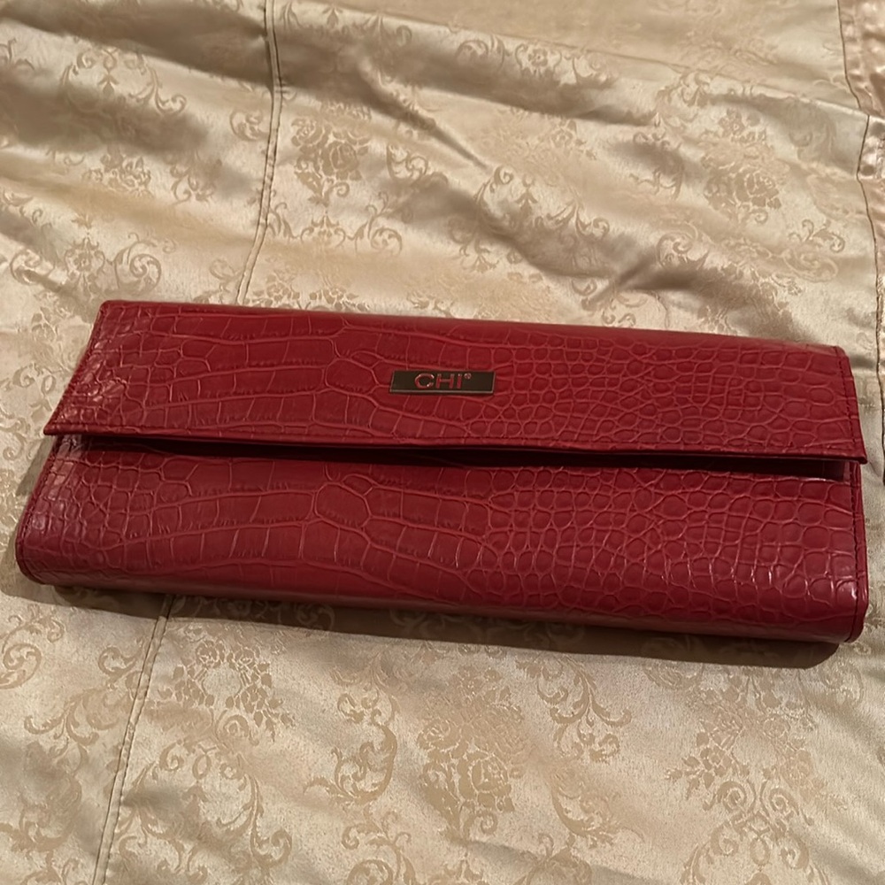 CHI red faux crocodile clutche by Carlos Falchi
